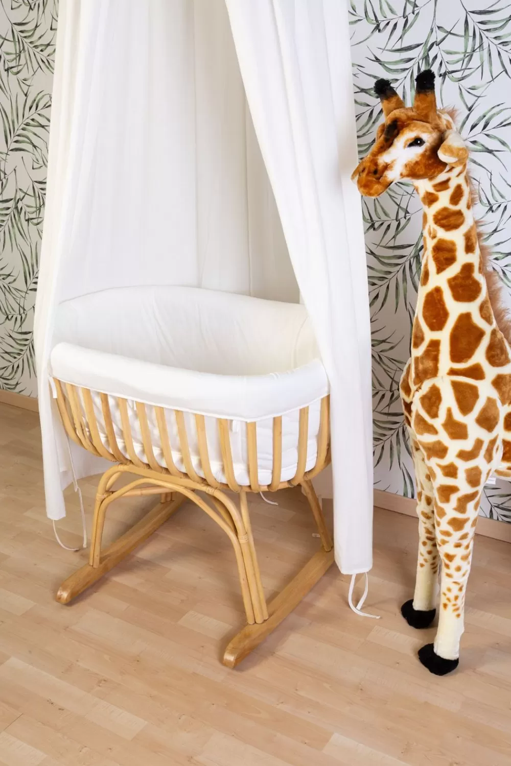 Clearance Childhome Rattan Wieg - 90X70X71 Cm + Matras - 77X42X4 Cm - Jersey Hoes Ecru - Schommelpoten